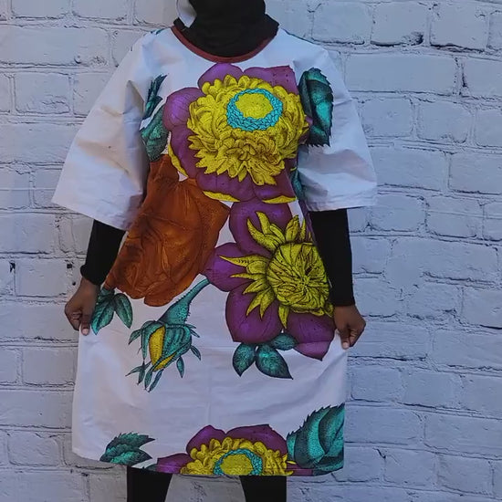 Ankara tunic dress dolman sleeve African Print Kitenge with scarf belt A-line - white brown purple flowers cotton 3/4 sleeve (US Size 4-8)
