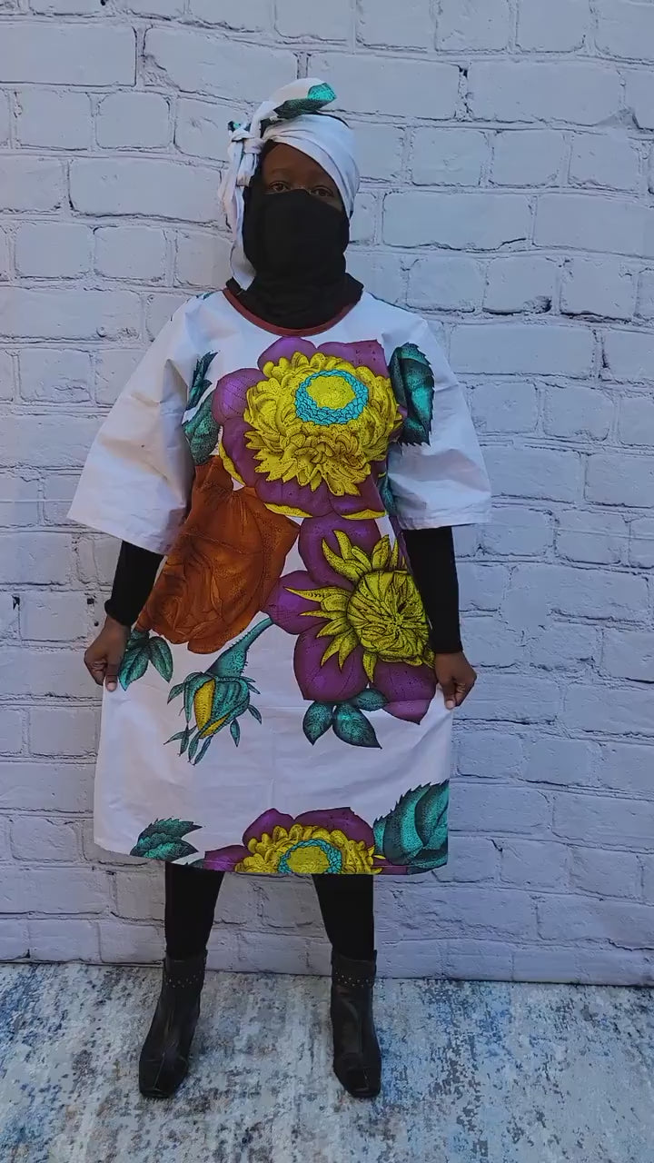 Ankara tunic dress dolman sleeve African Print Kitenge with scarf belt A-line - white brown purple flowers cotton 3/4 sleeve (US Size 4-8)