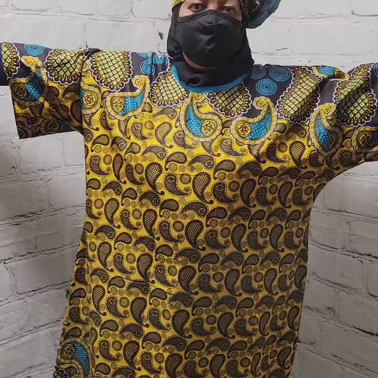 Ankara tunic dress US 4 to US 8 dolman sleeve African Print Kitenge with scarf belt A-line - brown blue paisley cotton 3/4 sleeve