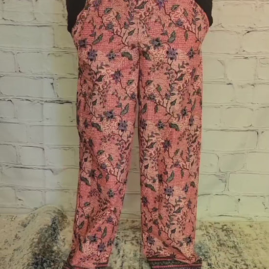 Palazzo summer pants; African print ankara kitenge, red purple floral, elastic waist, belt loop, pockets, straight leg wide, US 4 18, S, XL