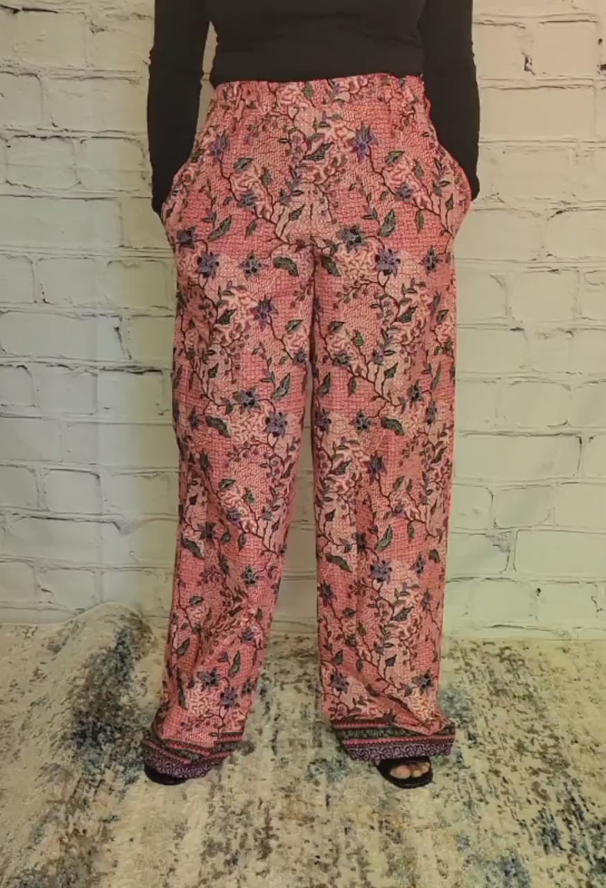 Palazzo summer pants; African print ankara kitenge, red purple floral, elastic waist, belt loop, pockets, straight leg wide, US 4 18, S, XL