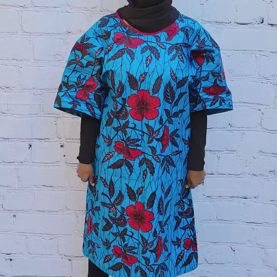 Ankara tunic dress dolman sleeve African Print Kitenge with scarf belt A-line - blue red flowers cotton 3/4 sleeve (US Size 4-8)