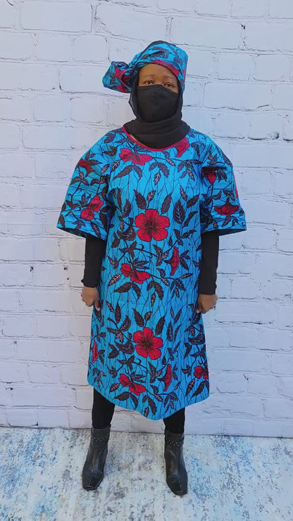 Ankara tunic dress dolman sleeve African Print Kitenge with scarf belt A-line - blue red flowers cotton 3/4 sleeve (US Size 4-8)