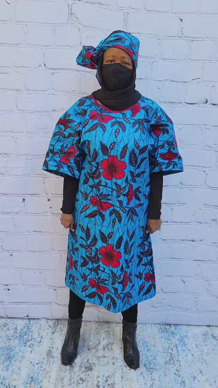 Ankara tunic dress dolman sleeve African Print Kitenge with scarf belt A-line - blue red flowers cotton 3/4 sleeve (US Size 4-8)