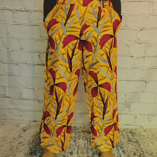 Palazzo summer pants; African print ankara kitenge, red yellow floral, elastic waist, belt loop, pockets, straight leg wide, US  12 L