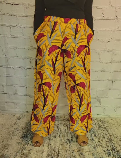 Palazzo summer pants; African print ankara kitenge, red yellow floral, elastic waist, belt loop, pockets, straight leg wide, US  12 L