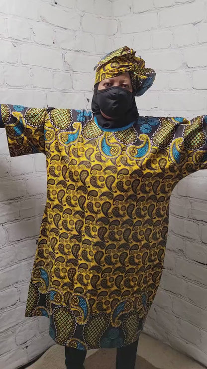 Ankara tunic dress US 16 to US 20 dolman sleeve African Print Kitenge with scarf belt A-line - brown blue paisley cotton 3/4 sleeve