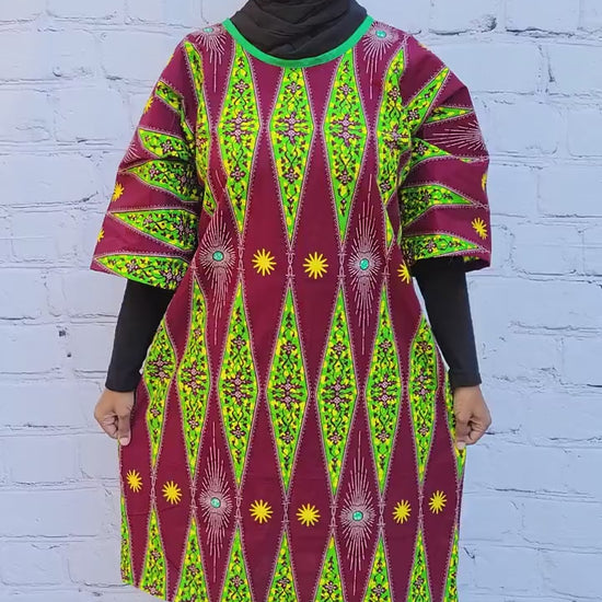 Ankara tunic dress dolman sleeve African Print Kitenge with scarf belt A-line - maroon green yellow cotton 3/4 sleeve (US Size 4-8)