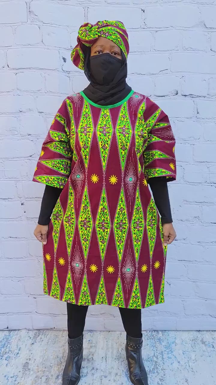 Ankara tunic dress dolman sleeve African Print Kitenge with scarf belt A-line - maroon green yellow cotton 3/4 sleeve (US Size 4-8)
