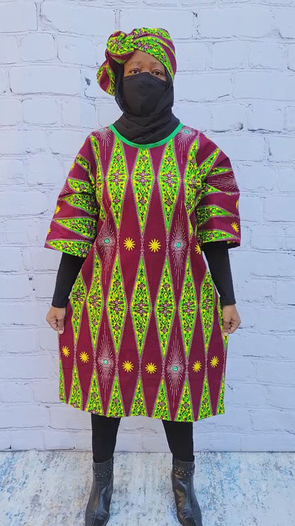 Ankara tunic dress dolman sleeve African Print Kitenge with scarf belt A-line - maroon green yellow cotton 3/4 sleeve (US Size 4-8)